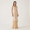 فستان سهرة كريب بيج مطرز بياقة ذهبية وتفاصيل شيفون lool store dress L10020