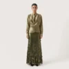 طقم سهرة زيتي فخم بتوب ستان وتنورة ترتر حراشف lool store dress L10017