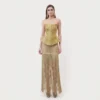 طقم سهرة ذهبي فاخر توب كورسيه وتنورة ميتاليك بهدب مبطن 45 سم loolstore39